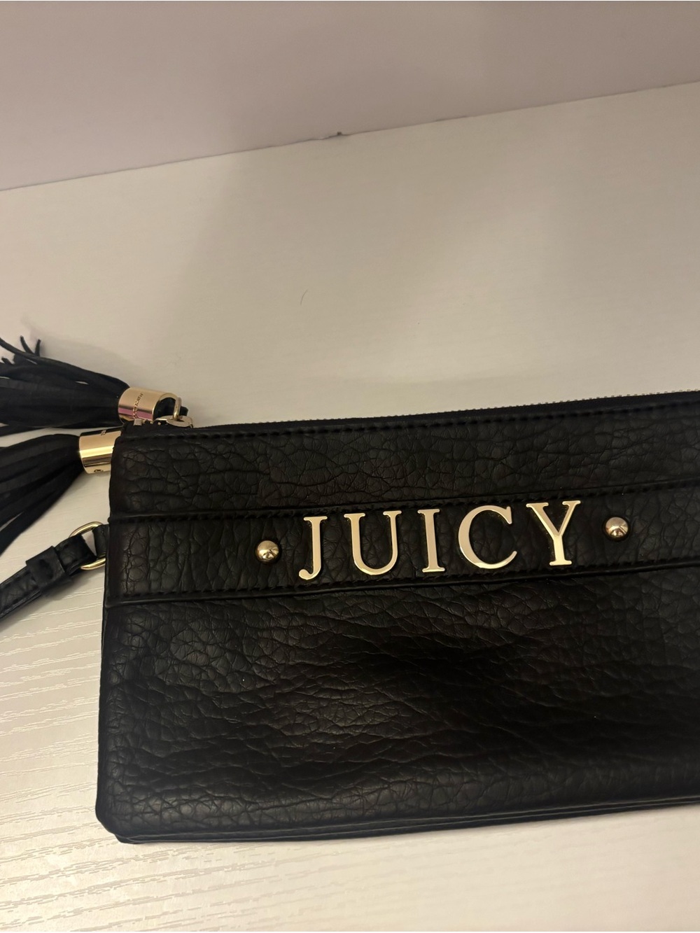 Juicy Couture two zippers compartments Black Leather Wristlet with Gold Logo